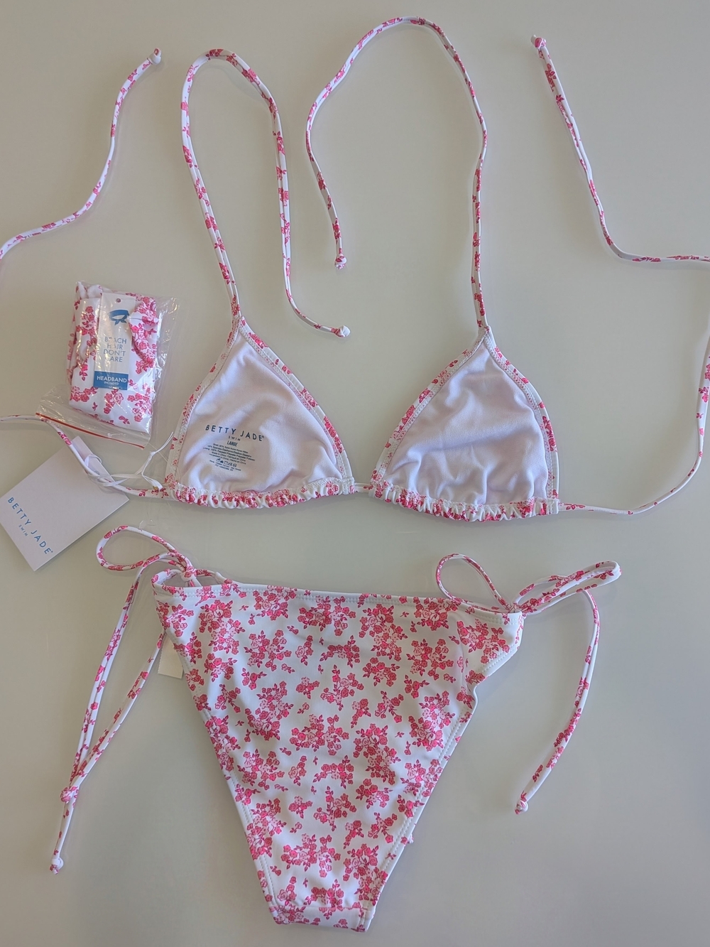 Floral Pink White String Bikini 3 Piece Set with Matching Headband New - Picture 10 of 11